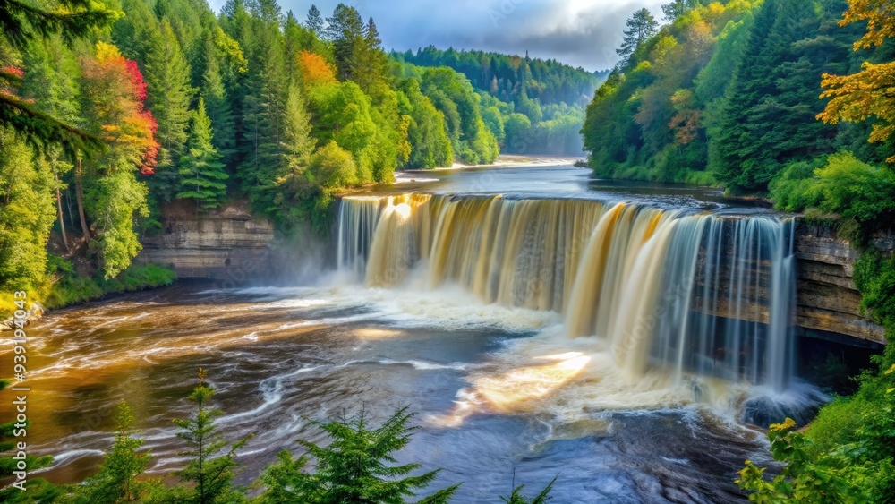 Serene Tahquamenon Falls cascades 50 feet down a rocky cliff, surrounded by lush greenery and mist, in Michigan's Upper Peninsula wilderness area. Serene Tahquamenon Falls cascades 50 feet down a rocky cliff, surrounded by lush greenery and mist, in Michigan's Upper Peninsula wilderness area.