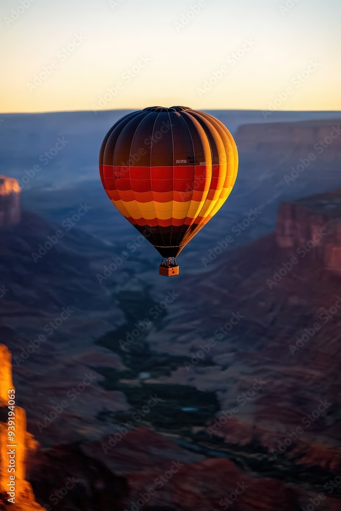 Obraz premium A vibrant hot air balloon floats above a majestic canyon at sunrise, creating a stunning landscape view filled with rich colors.