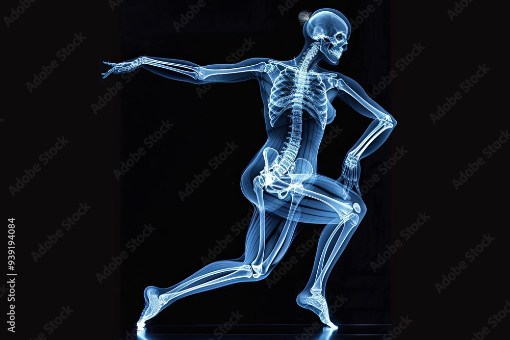 A female skeleton in a running pose, illuminated in blue with a black background. A female skeleton in a running pose, illuminated in blue with a black background.
