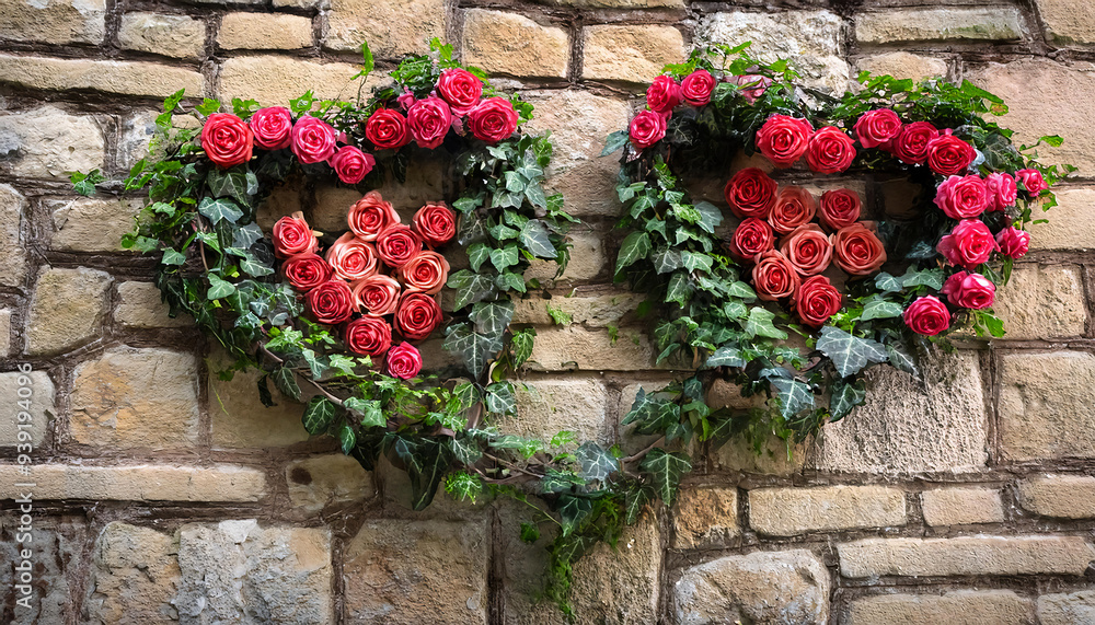 Naklejka premium Two interlocking hearts made of roses and ivy, arranged on a rustic stone wall, symbolizing eternal love.