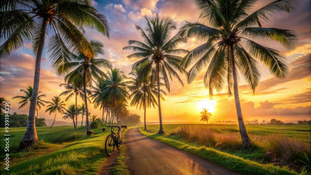 Serene tropical landscape with palm trees lining a winding road, a bicycle leaning against a tree, and a stunning sunset casting a warm golden light. Serene tropical landscape with palm trees lining a winding road, a bicycle leaning against a tree, and a stunning sunset casting a warm golden light.