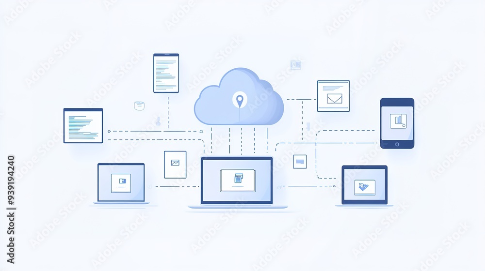 Modern and Clean Illustration for Cloud Services: A Friendly Design Featuring a Central Cloud Icon Connected to Multiple Devices Such as a Laptop, Tablet, and Smartphone. Modern and Clean Illustration for Cloud Services: A Friendly Design Featuring a Central Cloud Icon Connected to Multiple Devices Such as a Laptop, Tablet, and Smartphone.