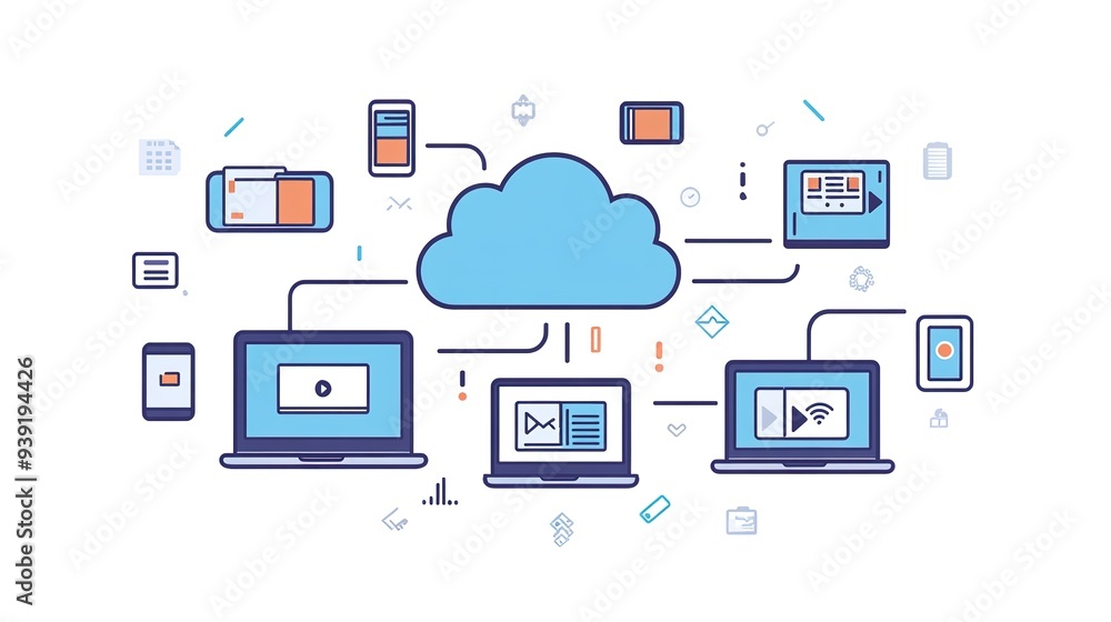 Modern and Clean Illustration for Cloud Services: A Friendly Design Featuring a Central Cloud Icon Connected to Multiple Devices Such as a Laptop, Tablet, and Smartphone. Modern and Clean Illustration for Cloud Services: A Friendly Design Featuring a Central Cloud Icon Connected to Multiple Devices Such as a Laptop, Tablet, and Smartphone.