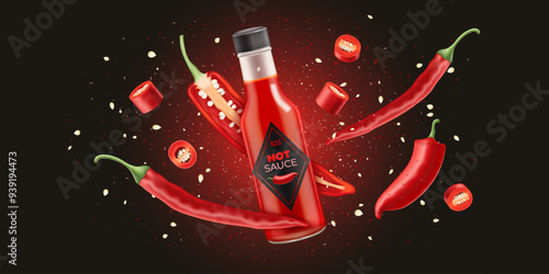 Hot chili pepper sauce bottle product ads with flying red chili whole, piece and slices of chili pepper on dark red background. Vector realistic 3D illustration.