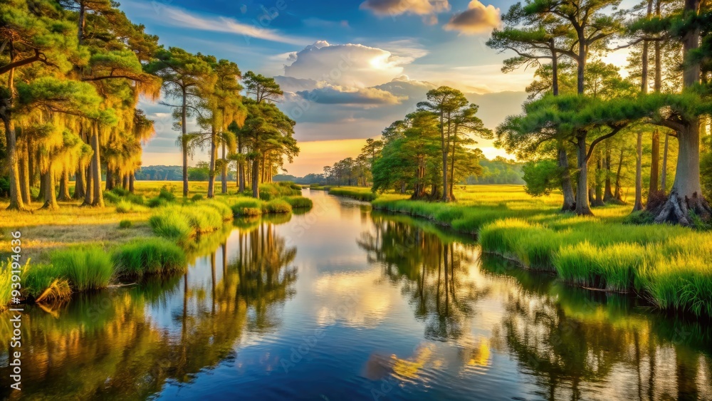 Serene waterway winds through lush green marshlands and cypress trees in the picturesque Tidewater region of Virginia, bathed in warm golden afternoon sunlight. Serene waterway winds through lush green marshlands and cypress trees in the picturesque Tidewater region of Virginia, bathed in warm golden afternoon sunlight.