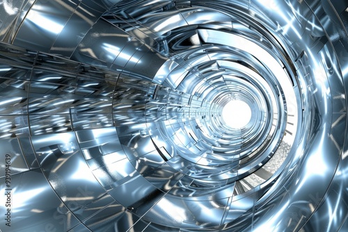 A mesmerizing view into a futuristic tunnel. The shiny metallic walls create a sense of depth and wonder. Perfect for sci-fi designs and digital art. Generative AI