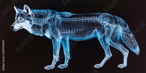 X-ray image of wolf with visible skeleton, standing on black background.