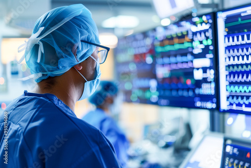 A doctor is looking at a monitor with a patient's heart rate displayed