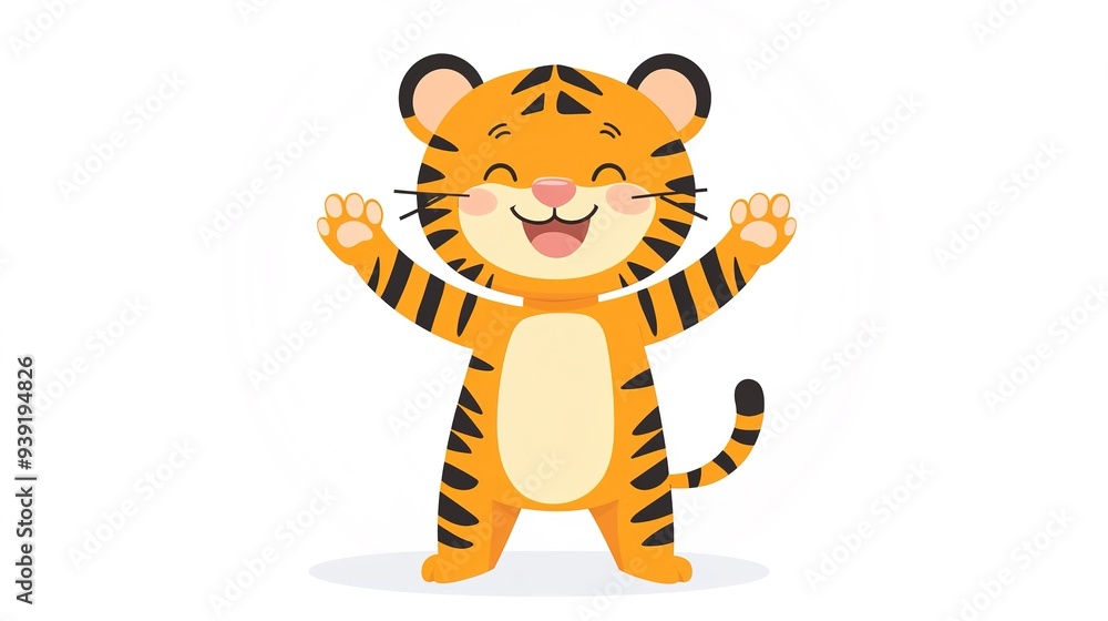 Cute Cartoon Tiger Cub Character with Big Expressive Eyes: Smiling Tiger Cub with Orange Fur and Black Stripes, Round Ears, and Arms Raised in a Cheerful Pose. Cute Cartoon Tiger Cub Character with Big Expressive Eyes: Smiling Tiger Cub with Orange Fur and Black Stripes, Round Ears, and Arms Raised in a Cheerful Pose.