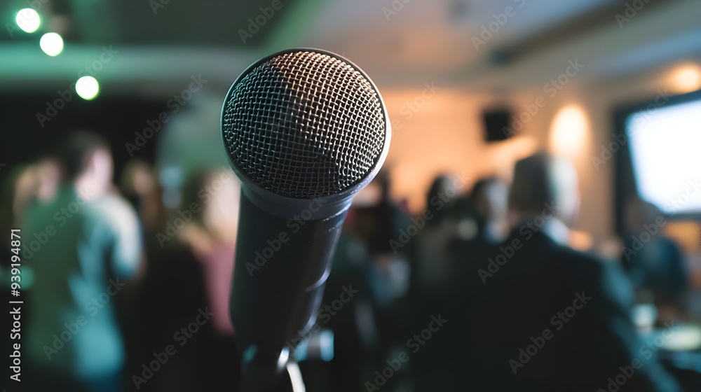 Confident Business Speaker Addressing Attentive Audience at Public Event Confident Business Speaker Addressing Attentive Audience at Public Event
