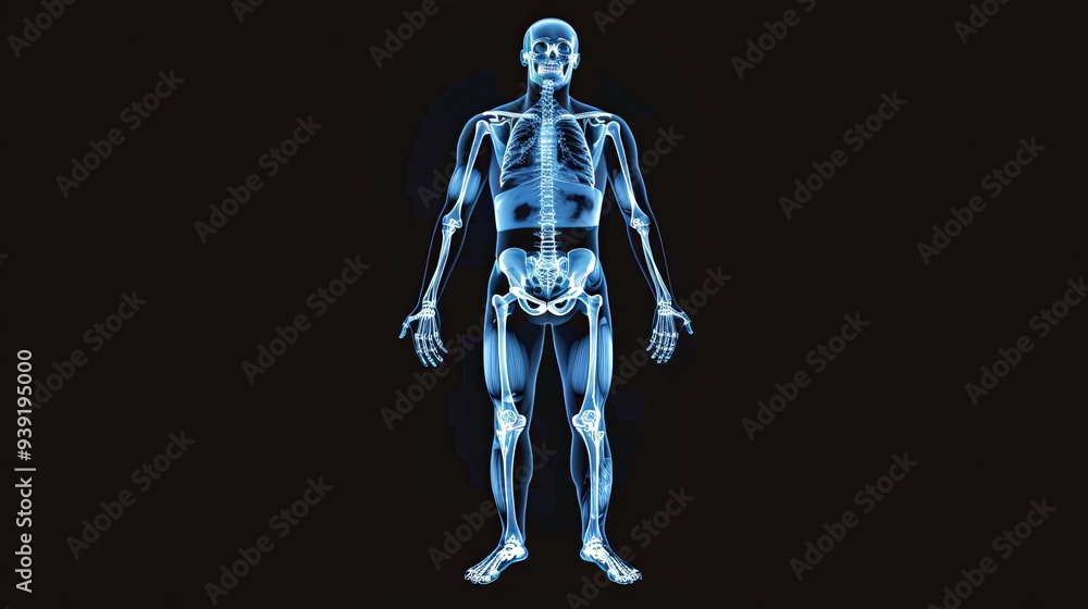 A translucent blue skeletal rendering of a human body, standing upright with arms at the sides. A translucent blue skeletal rendering of a human body, standing upright with arms at the sides.