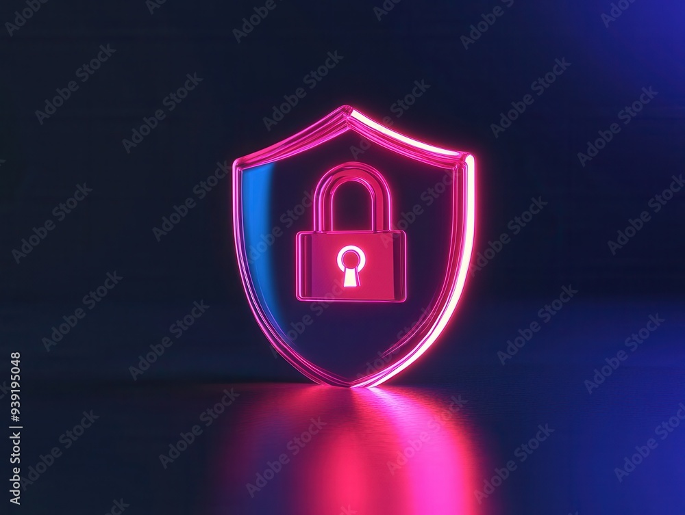 Glowing Neon Shield with Lock Symbol Representing Data Privacy and Cybersecurity in a Digital World Glowing Neon Shield with Lock Symbol Representing Data Privacy and Cybersecurity in a Digital World