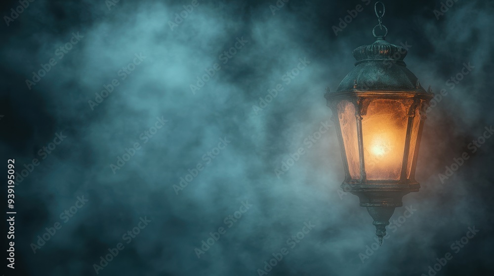 Mysterious Glowing Lantern in Misty Darkness: Moody Atmosphere Mysterious Glowing Lantern in Misty Darkness: Moody Atmosphere