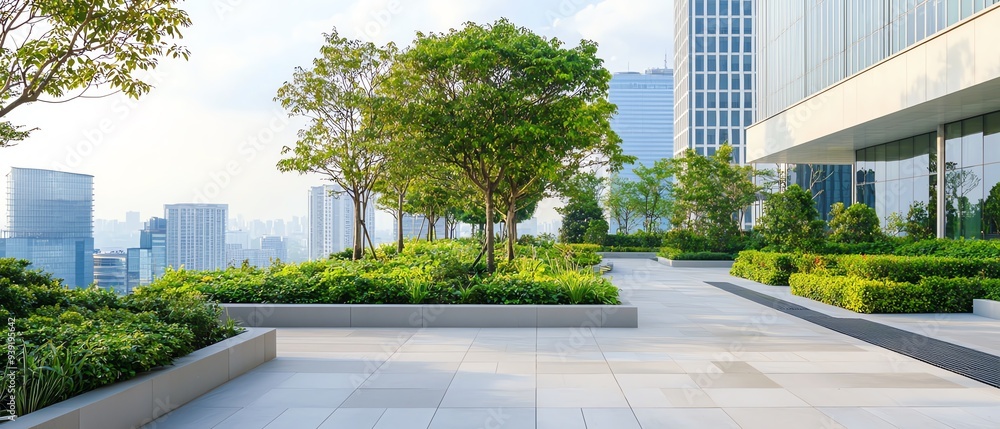 Modern urban landscape featuring green trees and plants near contemporary buildings under a bright sky. Carbon Neutrality concept. Modern urban landscape featuring green trees and plants near contemporary buildings under a bright sky. Carbon Neutrality concept.