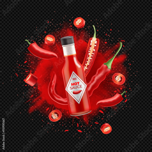 Red chili pepper sauce bottle with flying whole and slice cayenne pepper and red explosion spice powder on dark transparent background. Vector realistic ads template.