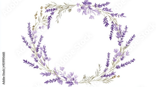 A decorative floral wreath featuring purple flowers and greenery.