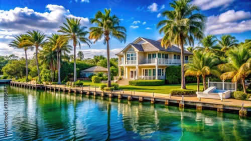 Serenene Florida waterfront house with tropical palm trees, sunny patio, and sparkling blue waters, perfect for relaxation and coastal living