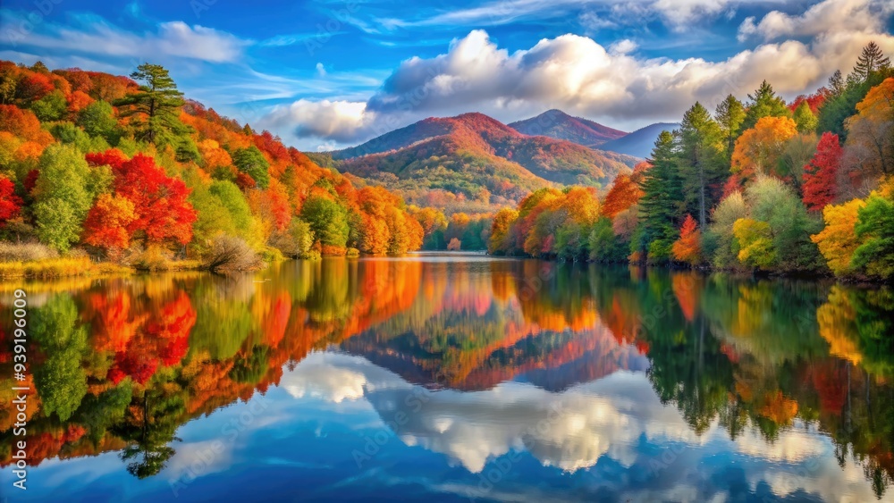 Naklejka premium Serenene morning landscape of Blue Ridge Parkway in autumn, with vibrant orange and red foliage reflected in a calm North Carolina mountain lake.