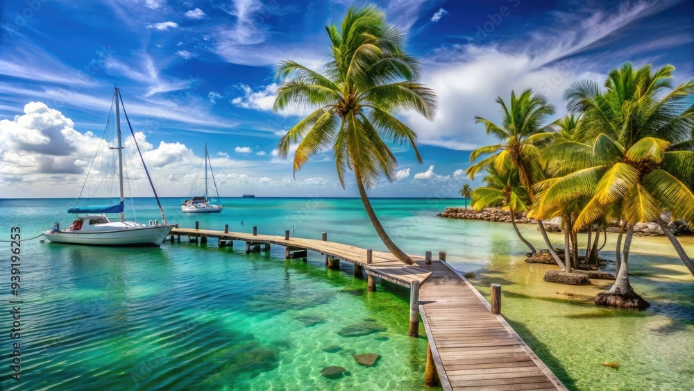 Serenene tropical harbor island with swaying palm trees, turquoise waters, and a sailboat docked at a weathered wooden pier under a vibrant blue sky. Serenene tropical harbor island with swaying palm trees, turquoise waters, and a sailboat docked at a weathered wooden pier under a vibrant blue sky.