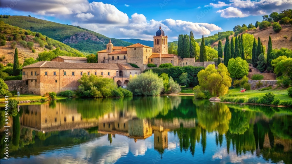 Fototapeta premium Serenity abounds at the Monastery of Piedra, a medieval retreat surrounded by lush greenery and tranquil waters in the Spanish countryside.