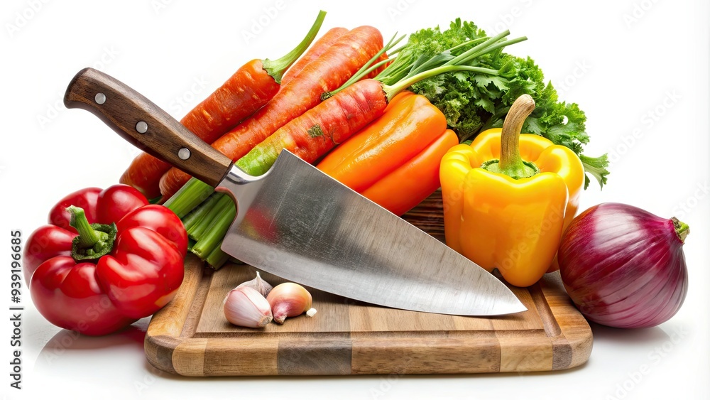 Sharp kitchen cleaver chops fresh colorful vegetables, including carrots, bell peppers, and onions, on a wooden cutting board against a clean white background. Sharp kitchen cleaver chops fresh colorful vegetables, including carrots, bell peppers, and onions, on a wooden cutting board against a clean white background.