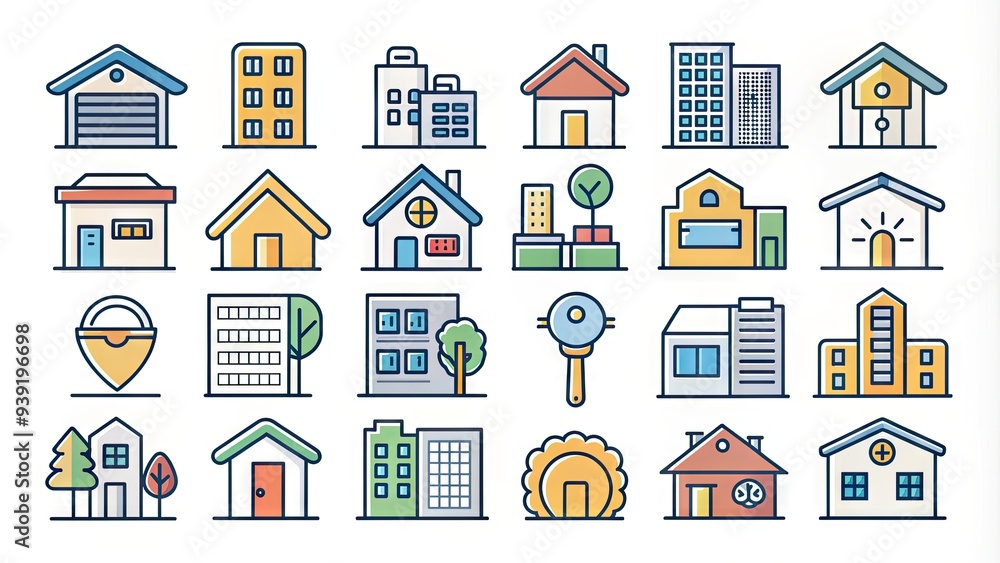 Set of modern vector icons for real estate and property management, including houses, buildings, keys, and signs, in various styles and colors. Set of modern vector icons for real estate and property management, including houses, buildings, keys, and signs, in various styles and colors.