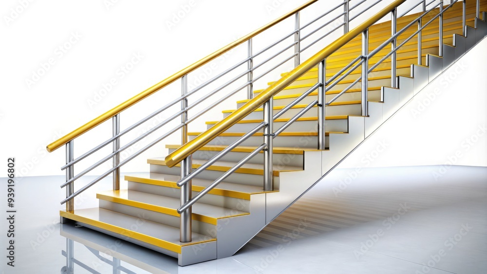 Shallow depth of field of three dimensional ascending staircase with sleek, silver railings and bright yellow steps isolated on a white background. Shallow depth of field of three dimensional ascending staircase with sleek, silver railings and bright yellow steps isolated on a white background.