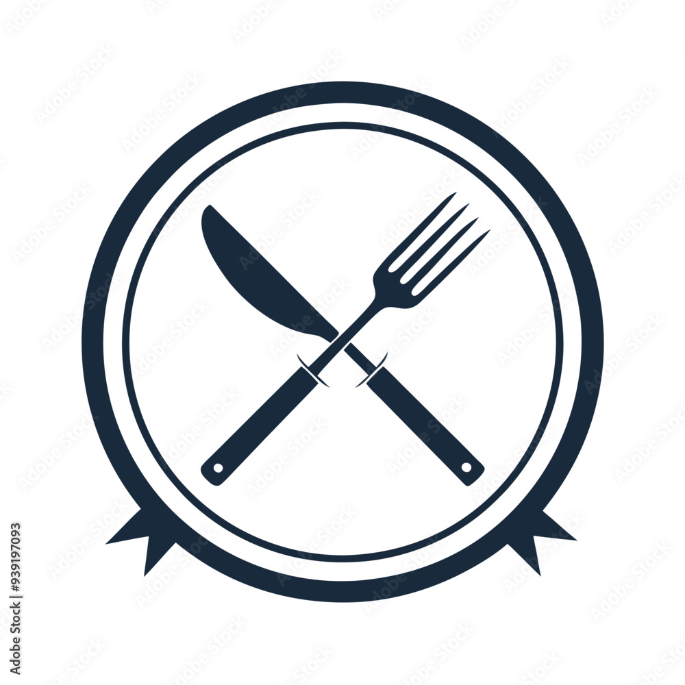 Simple Minimalist Logo with Crossed Fork and Knife in a Circular Emblem, Perfect for General Dining Restaurants, Cafes, or Food Services Simple Minimalist Logo with Crossed Fork and Knife in a Circular Emblem, Perfect for General Dining Restaurants, Cafes, or Food Services