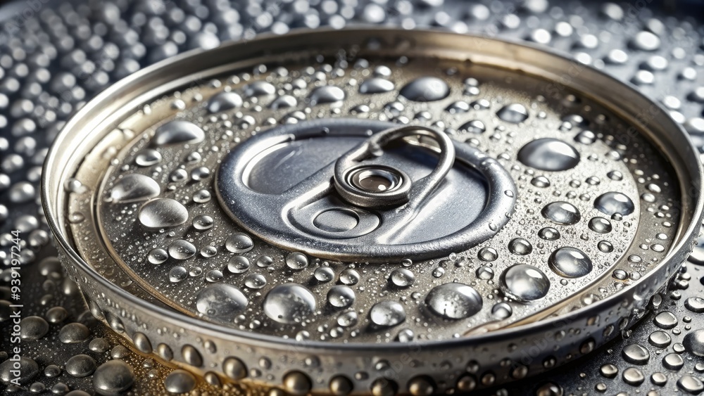 Shiny metal lid separated from refreshing carbonated beverage can, with tiny droplets of condensation and sparkling light reflecting off the crimped edge.