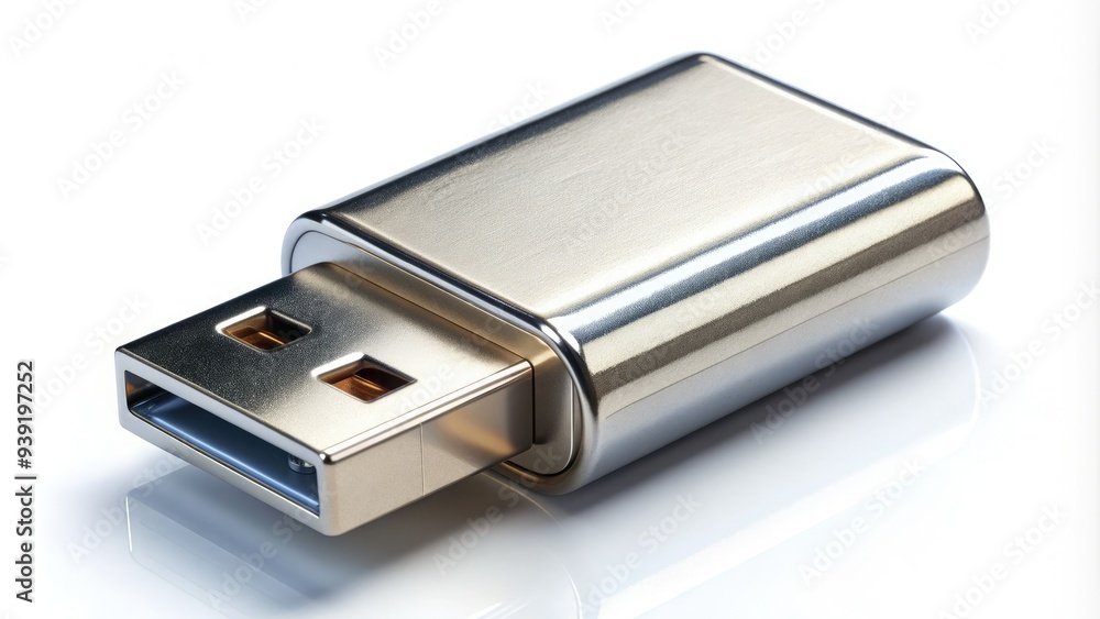 Shiny metallic USB plug isolated on white background, its silver prongs and black plastic casing gleaming with subtle reflections, representing digital connectivity. Shiny metallic USB plug isolated on white background, its silver prongs and black plastic casing gleaming with subtle reflections, representing digital connectivity.