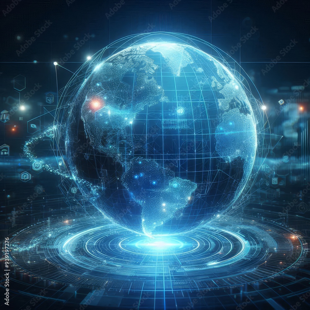 blue hologram globe with world map with glowing data streams, ai global communication networks, virtual reality simulations, geospatial data visualization, and interactive educational experience.
blue hologram globe with world map with glowing data streams, ai global communication networks, virtual reality simulations, geospatial data visualization, and interactive educational experience.