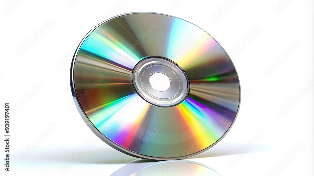 Shiny silver compact disc standing upright on a pure white background, highlighting its reflective surface and prominent central hole. Shiny silver compact disc standing upright on a pure white background, highlighting its reflective surface and prominent central hole.