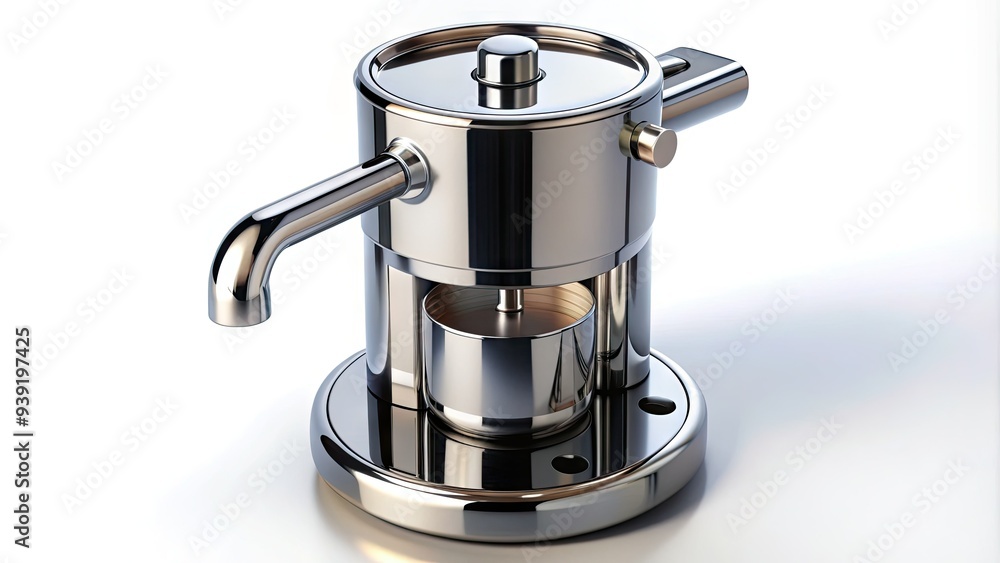 Shiny stainless steel espresso maker with gleaming metal body, distinctive brewing mechanism, and compact modern design, viewed from directly above on a clean surface. Shiny stainless steel espresso maker with gleaming metal body, distinctive brewing mechanism, and compact modern design, viewed from directly above on a clean surface.