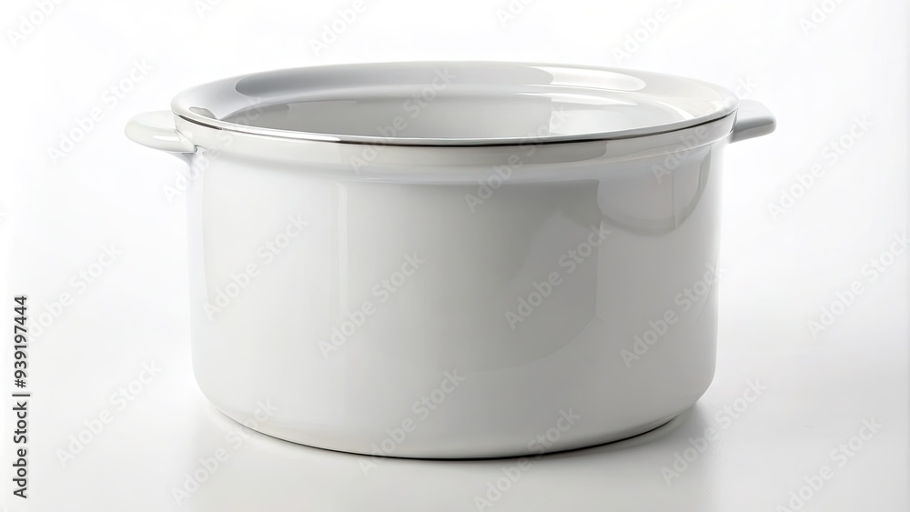 Shiny white cylinder pot with rounded edges and clean rim sits alone on a crisp white background, awaiting culinary creations or decorative arrangements. Shiny white cylinder pot with rounded edges and clean rim sits alone on a crisp white background, awaiting culinary creations or decorative arrangements.