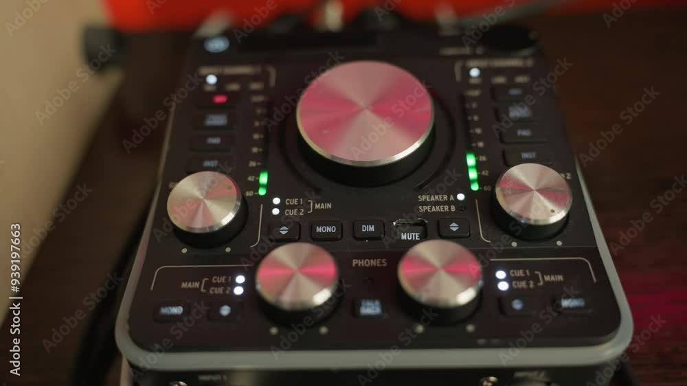 Close-up of a sound mixer with illuminated knobs and controls, displaying a variety of settings and audio levels.The mixer is active, with lights indicating the adjustment of audio channels and levels Close-up of a sound mixer with illuminated knobs and controls, displaying a variety of settings and audio levels.The mixer is active, with lights indicating the adjustment of audio channels and levels