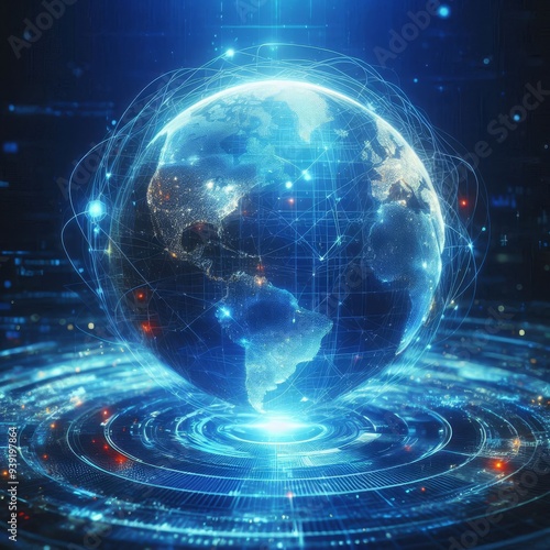 blue hologram globe with world map with glowing data streams, ai global communication networks, virtual reality simulations, geospatial data visualization, and interactive educational experience. 