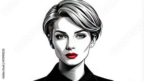 Simple yet stylish illustration of a woman with short hair, rendered in bold black lines and minimalist design, conveying confidence and modern sophistication. photo