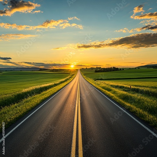 long asphalt road among green fields leaving far at the sunset