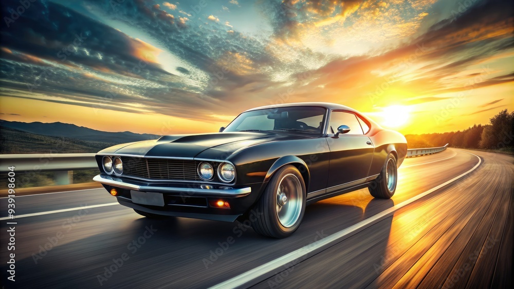 Sleek, black muscle car speeding down a highway, sunlight reflecting off its shiny hood, with a blurred background conveying a sense of power and freedom. Sleek, black muscle car speeding down a highway, sunlight reflecting off its shiny hood, with a blurred background conveying a sense of power and freedom.
