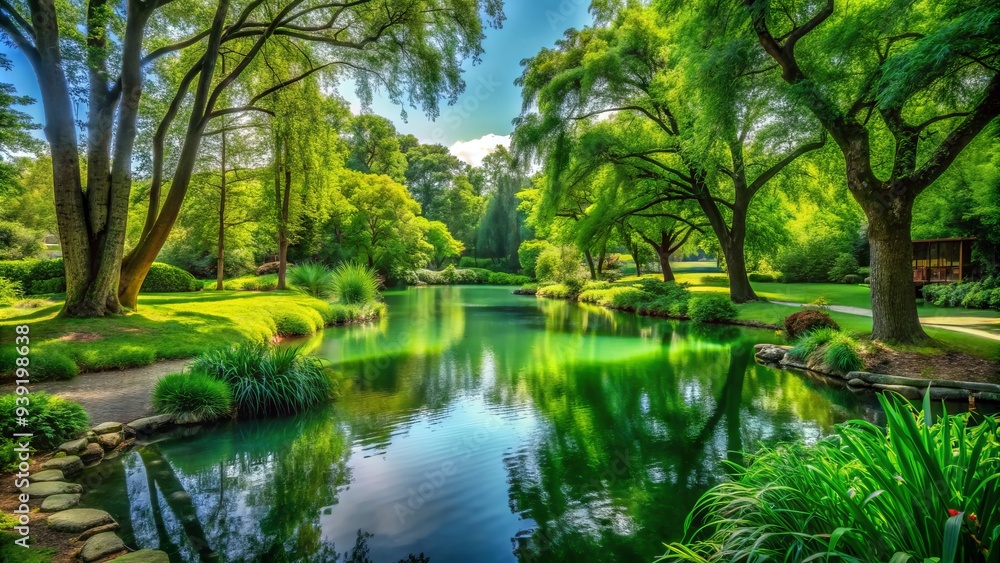 Emerald Tranquility: Verdant parkland, tranquil pond, serene atmosphere, lush greenery, earthy tones. Emerald Tranquility: Verdant parkland, tranquil pond, serene atmosphere, lush greenery, earthy tones.