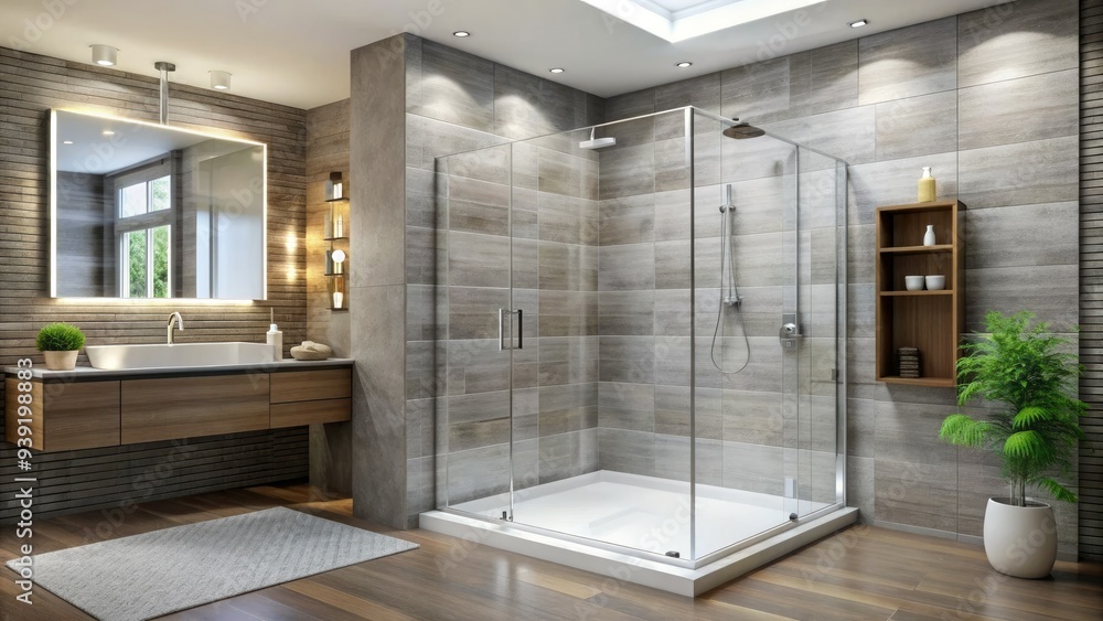 Sleek, minimalist shower enclosure with clear glass door and wall ...
