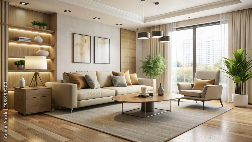 Sleek, modern living room with cream-colored walls, sparse decor, and a few carefully chosen pieces of furniture arranged for simplicity and functionality. Sleek, modern living room with cream-colored walls, sparse decor, and a few carefully chosen pieces of furniture arranged for simplicity and functionality.
