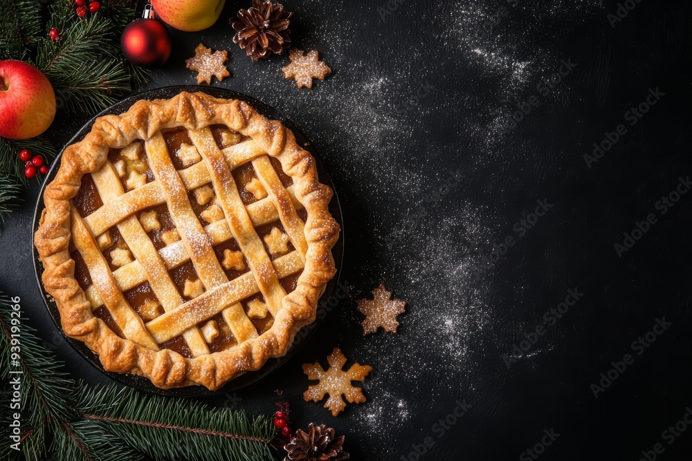 Apple pie with Christmas decoration (Christmas tree cookies), black bakground, copy space, top view Apple pie with Christmas decoration (Christmas tree cookies), black bakground, copy space, top view