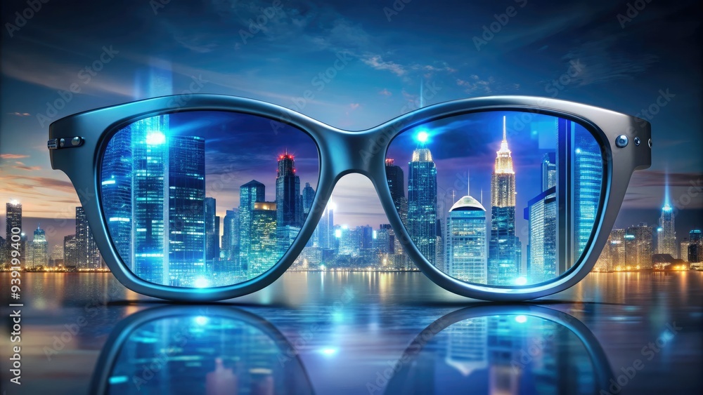 Sleek, silver-framed futuristic glasses with glowing blue accents and augmented reality displays reflect a cityscape, symbolizing innovation and advanced technology integration in daily life. Sleek, silver-framed futuristic glasses with glowing blue accents and augmented reality displays reflect a cityscape, symbolizing innovation and advanced technology integration in daily life.