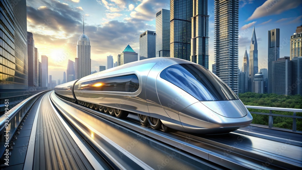 Naklejka premium Sleek, silver bullet-shaped transportation pod zooms through futuristic cityscape, embodying rapid progress and cutting-edge design in a blur of speed and innovation.
