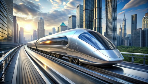 Sleek, silver bullet-shaped transportation pod zooms through futuristic cityscape, embodying rapid progress and cutting-edge design in a blur of speed and innovation.