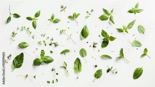 Artful dispersion of fresh herbs from basil to mint