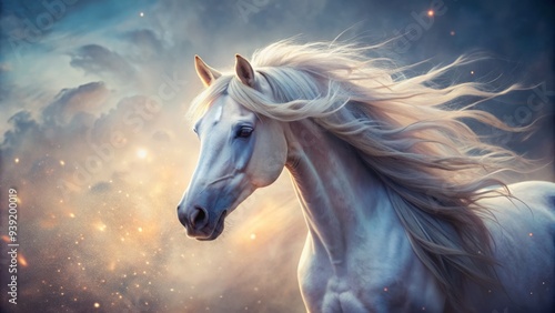 Ethereal Equine Essence: Subtle, dreamy skin tones, flowing horsehair, ethereal atmosphere.