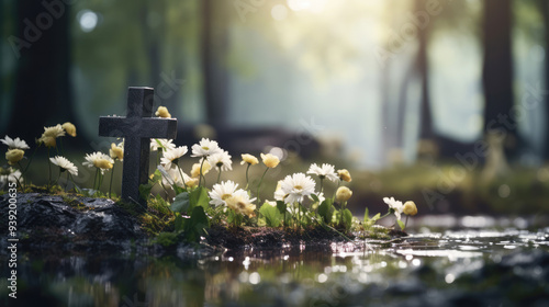 generated illustration of a cemetery with a cross and a casket with flowers on top