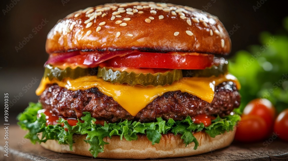 A delicious cheeseburger with lettuce, tomato, pickles, and a sesame seed bun, perfect for showcasing classic American cuisine. A delicious cheeseburger with lettuce, tomato, pickles, and a sesame seed bun, perfect for showcasing classic American cuisine.
